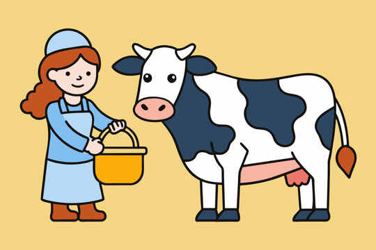 cow and farmer with bucket, cartoon style clip art preview