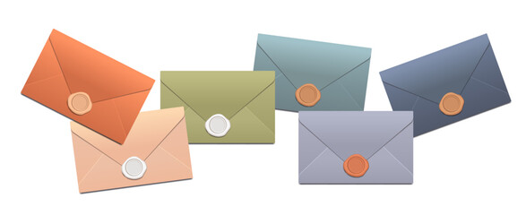 Set of multi colored envelopes in pastel shades with wax stamp on isolated background. Banner with realistic envelopes