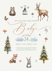 Cute baby shower watercolor invitation card with wild forest animals.