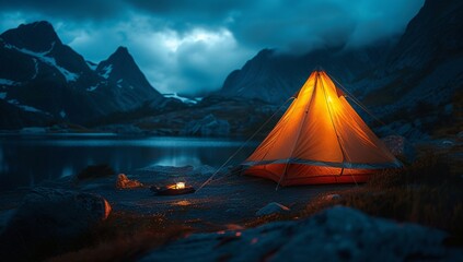 A solitary tent glowing with warmth contrasts the cooling twilight hues of a rugged mountain landscape - obrazy, fototapety, plakaty