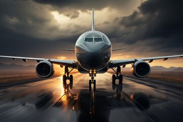 Silver Passenger Plane Ready for Takeoff: Powerful Engines, Dramatic Shadows, Morning Glow - Airport Scene - obrazy, fototapety, plakaty