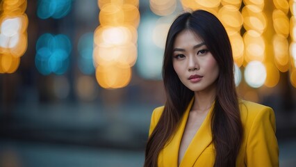 Beautiful asian model in yellow suit, straight long hair