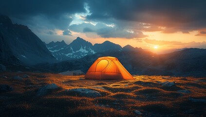 An inviting orange tent stands out against the rugged mountain landscape at sunset - obrazy, fototapety, plakaty