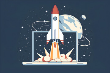 An illustration of a space launch design on a laptop in the style of mid century illustration featuring a rocket launching into space in flat style