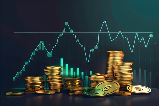 Crypto. Image of a pile of coins with an economic chart in the background in a digital art style with dark gold, investment, business finance, stock market concept