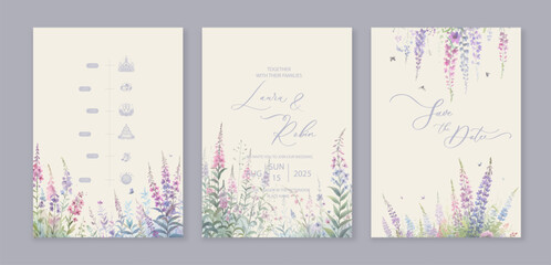 Luxury watercolor wedding invitation card background wild willow herb and flowers. © ku4erashka