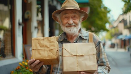 Senior holding packages in front of a street, in the style of rural life depictions, joyful and optimistic - obrazy, fototapety, plakaty