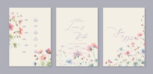 Luxury watercolor wedding invitation card background wild herbs and flowers. - obrazy, fototapety, plakaty