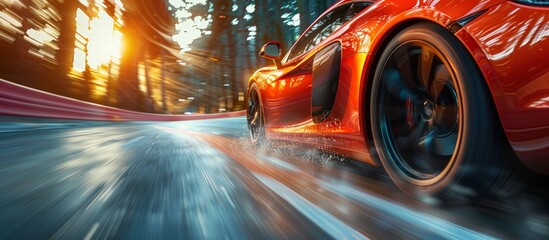Rear view of red sports car overtaking at high speed, Car in fast motion. Motion blur background. - obrazy, fototapety, plakaty