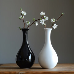 Black and white vase with a bouquet of flowers in it in minimalist design