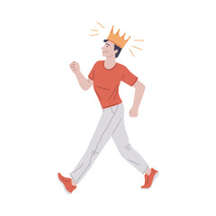 Confident man with crown on his head walking, positive self esteem, success, leadership, man proud of himself vector