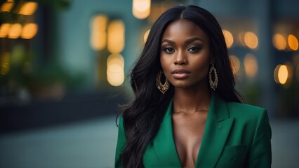 Obraz premium Beautiful black model in green suit, straight long hair