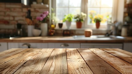 Empty wooden table for product display on a blurred kitchen background