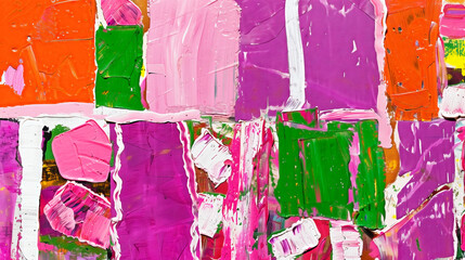 Close-up view of a colorful abstract painting with bold acrylic strokes