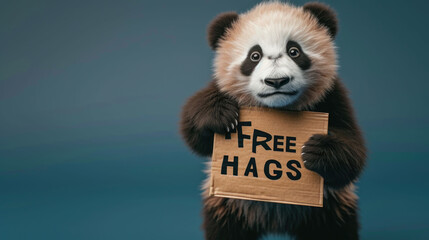 cute panda with a cardboard with an inscription Free hugs, Lets Hug, dark blue background banner, copy space