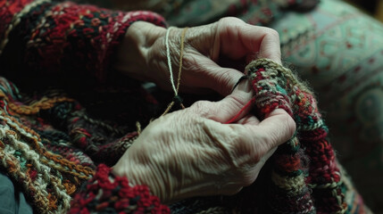 A woman sitting and skillfully working on a piece of yarn using knitting needles