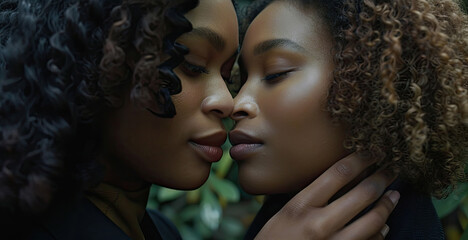 Fototapeta premium Two women with curly hair share a gentle embrace, their foreheads touching, eyes closed, conveying a bond of trust and affection