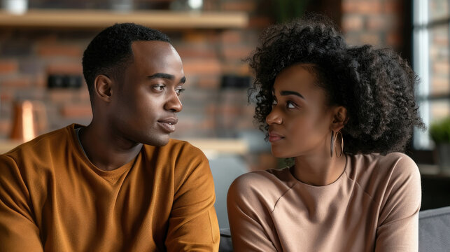 A man and a woman are seated next to each other, engaged in conversation and sharing a moment of companionship