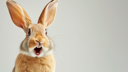 Happy funny excited little bunny rabbit with long ears and wide open mouth on bright background	
