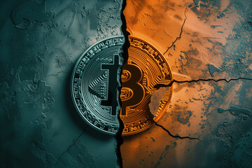 Half and half Bitcoin emblem on a background that represents the digital currency's fluctuating nature