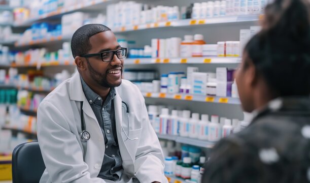Stock image of a pharmacist consulting with a customer emphasizing guidance and professionalism in a pharmacy setting