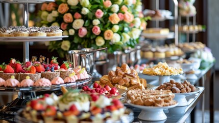 Fototapeta na wymiar Luxury Hotel Easter Brunch Buffet with Gourmet Desserts