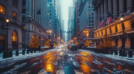 Snowy street in between tall buildings
