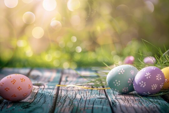 Easter eggs.Empty wooden table easter eggs theme on garden background, easter eggs background.
