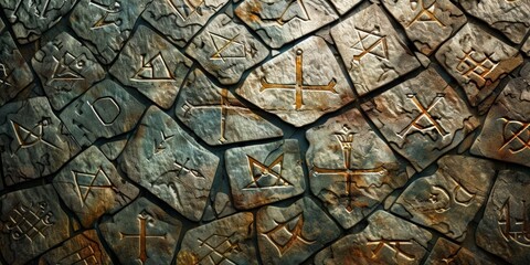 Background Texture Pattern in the Style of Ancient Runestone Marble - Marble textures engraved with symbols and runes, invoking ancient mysticism created with Generative AI Technology - obrazy, fototapety, plakaty