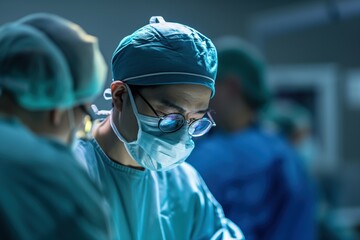 a focused surgeon performing an operation showcasing precision and concentration in a sterile environment