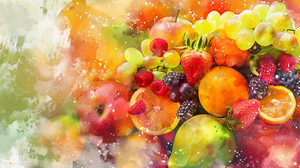 Fruits Watercolor abstract background, 3D fruits decorative painted artificial surface, Kitchen...