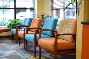 a calming waiting area in a healthcare facility designed to provide comfort and tranquility