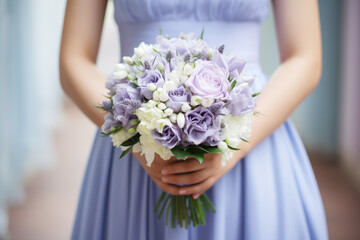 Obraz na płótnie Canvas A shot capturing the bride's bouquet alongside her elegant periwinkle gown wedding, simple composition сreated with Generative Ai