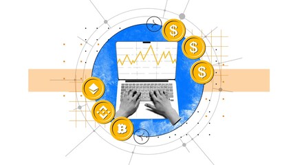 Hands waking on laptop with financial graph on screen. Analyzing cryptocurrency prices, tracking investments, monitoring cryptocurrency market trends. Concept of cryptocurrency, business, money