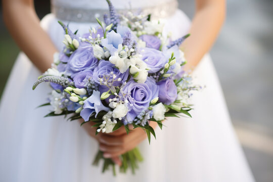 A shot capturing the bride's bouquet alongside her elegant periwinkle gown wedding, simple composition сreated with Generative Ai