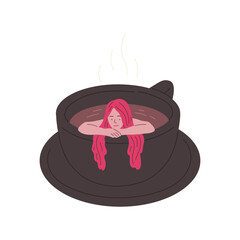 Young woman sitting in the big cup with coffee and enjoying, vector comic cartoon giant dark mug and saucer girl inside