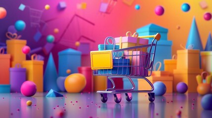the concept of a rewards-driven e-shopping trolley, stylized trolley adorned with reward badges.
