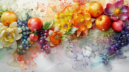 Fruits Watercolor abstract background, 3D fruits decorative painted artificial surface, Kitchen decorative photo, Generative AI.