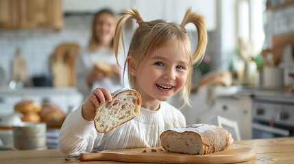 Happy kid and good testy bread in kitchen