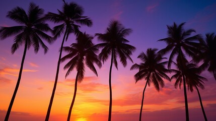 Obraz premium Tropical Serenity: Silhouetted Palm Trees Embracing Sunrise or Sunset, Canon RF 50mm f/1.2L USM Capture