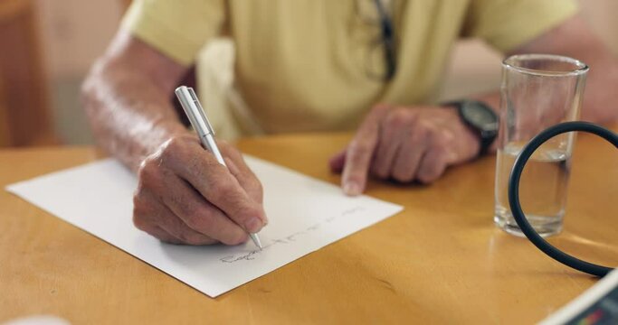 Hands, senior person and writing letter with pen for communication, postage and message in retirement. Elderly writer, paper and notes for contact with language, memory and ideas in nursing home