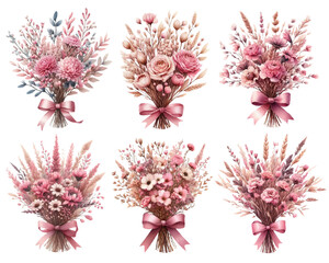 Pink dried flower bouquet watercolor illustration material set - obrazy, fototapety, plakaty