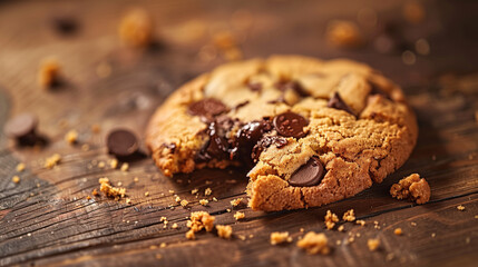 Fototapeta premium A mouthwatering chocolate chip cookie, surrounded by crumbs on a rustic wooden table