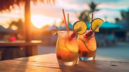 Exotic Summer Cocktails: Sunset Delights on Tropical Beach Resort, Canon EF 50mm Capture