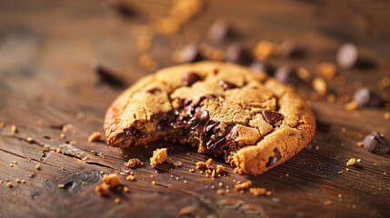 Fototapeta premium A mouthwatering chocolate chip cookie, surrounded by crumbs on a rustic wooden table