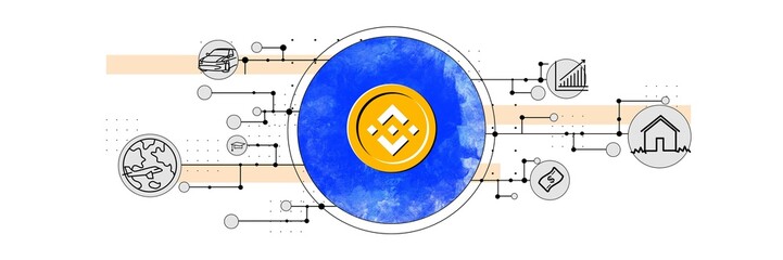 Binance BNB coin with various icons of business and lifestyle. Possibility of using cryptocurrency for payments. Online wallet. Concept of cryptocurrency, business, trading, virtual money