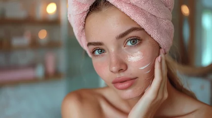 Fotobehang Verwöhnende Hautpflege – Anwendung von pflegender Gesichtcreme © Denise