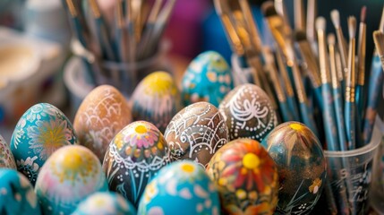 Fototapeta na wymiar Artisan Painted Easter Eggs Amidst Crafting Supplies