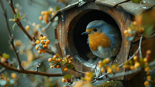 A charming robin peeks out from the entrance of a rustic birdhouse, surrounded by early spring blossoms on a crisp day.