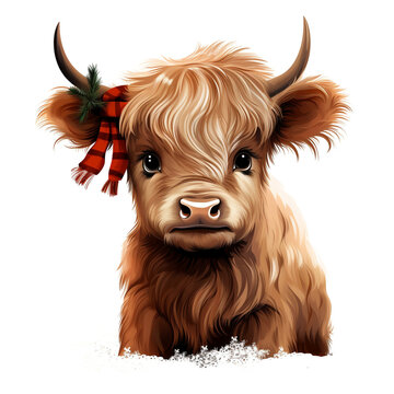 recommend clip art: Baby Highland Cow Christmas illustration with outline with white Background no Shadow сreated with Generative Ai